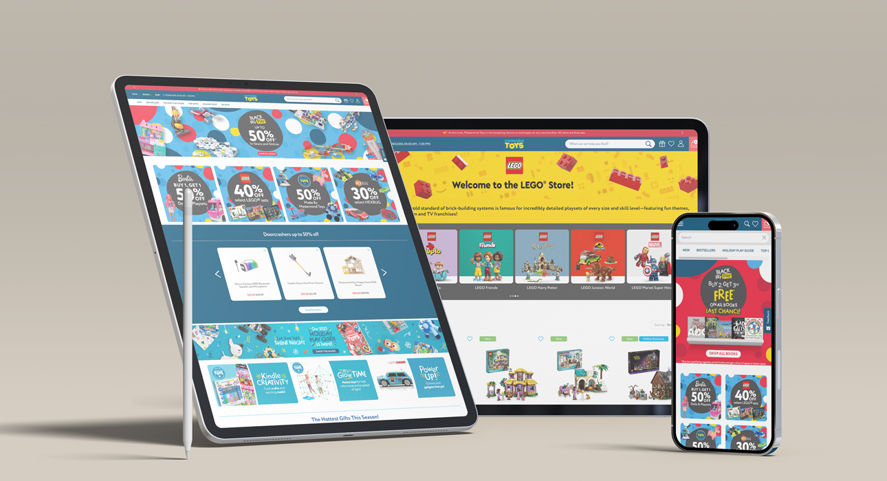 Mastermind Toys website showcasing Home page and brand pages on all devices